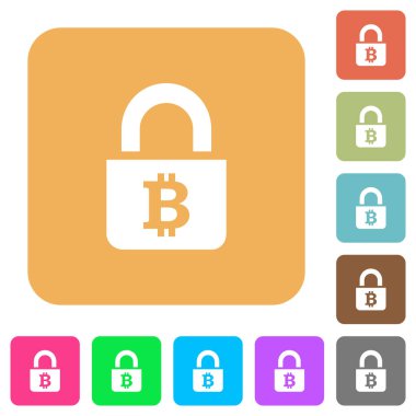 Yuvarlatılmış kare canlı renkli arka planlar üzerinde kilitli Bitcoins düz simgeler.