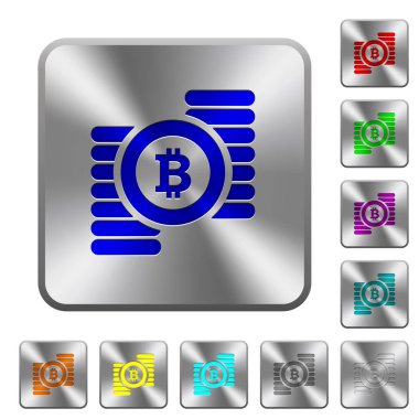 Bitcoins simgeler Yuvarlatılmış kare parlak çelik düğmeler üzerinde kazınmış.