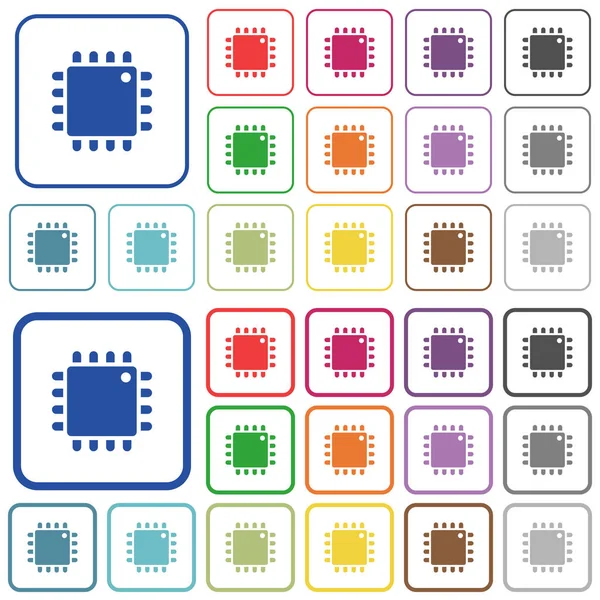 计算机处理器彩色平面图标在圆角方形框架 包括薄和厚的版本 — 图库矢量图片
