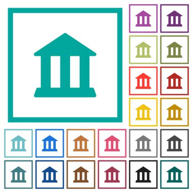 Beyaz arka plan üzerinde ofis binası düz renk simgeleri çeyreği çerçeveler ile banka