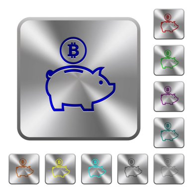 Bitcoin kumbara simgeler Yuvarlatılmış kare parlak çelik düğmeler üzerinde kazınmış.