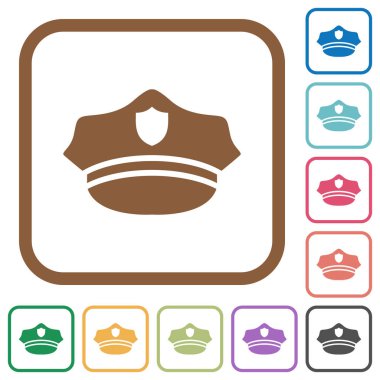 Polis şapka basit simgeler renkli kare kare beyaz arka plan üzerinde yuvarlak