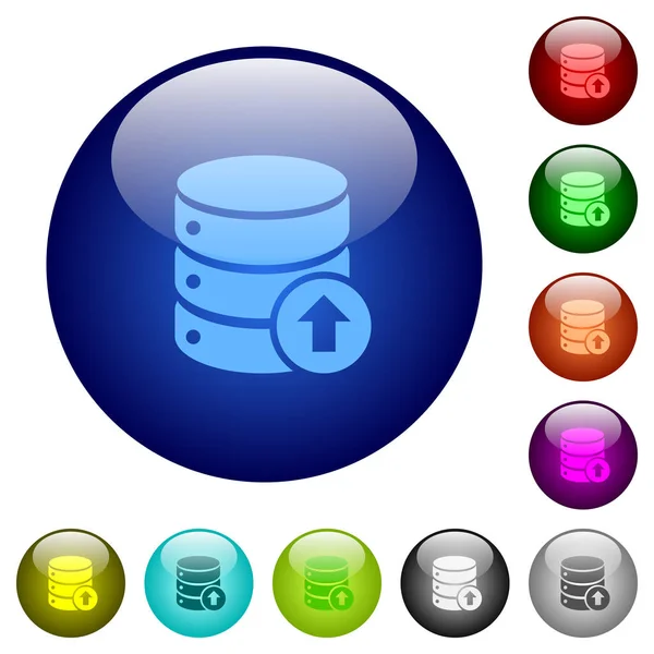 Base Datos Subir Iconos Botones Vidrio Color Redondo — Vector de stock