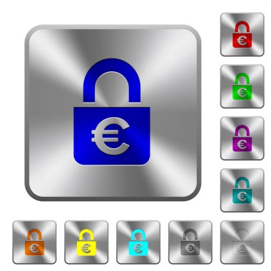 Kilitli Euro simgeleri Yuvarlatılmış kare parlak çelik düğmeler üzerinde kazınmış.