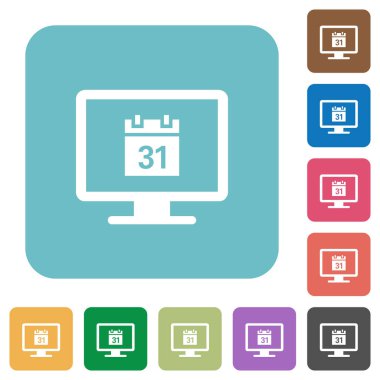 Online Takvim beyaz düz simgeler renk üzerinde yuvarlak kare arka planlar