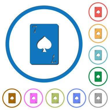 Yedilisi düz renk vektör simgeleri ile beyaz arka plan üzerinde yuvarlak özetliyor gölgelerde kartı