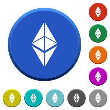 Ethereum klasik dijital cryptocurrency yuvarlak renk eğimli düğmeleri ile pürüzsüz yüzeylerde ve düz beyaz simgeler