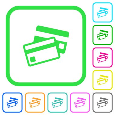 Beyaz arka plan üzerinde eğri sınırları içinde kredi kartları canlı renkli düz simgeler