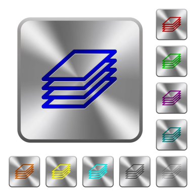 Yazıcı kağıtları simgeler Yuvarlatılmış kare parlak çelik düğmeler üzerinde kazınmış.