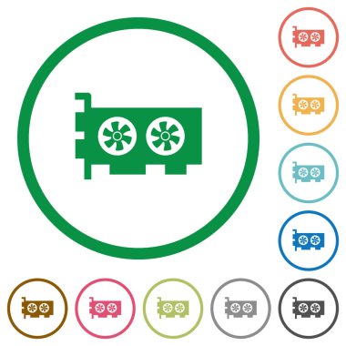 Bilgisayar ekran kartı düz renk simgeleri özetliyor beyaz arka plan üzerinde yuvarlak