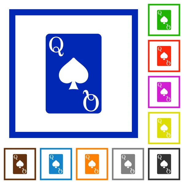 Pik Dame Karte Flache Farbsymbole Quadratischen Rahmen Auf Weißem Hintergrund — Stockvektor