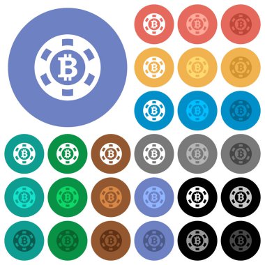 Bitcoin casino çip çok yuvarlak arka planlar üzerinde düz simgeler renkte. Beyaz, açık ve koyu kutsal kişilerin resmi varyasyon vurgulu ve etkin durumu efektleri ve bonus tonları siyah backgounds tarih dahil.