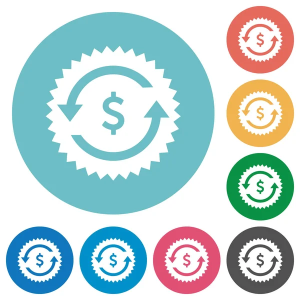 Doları geri ödeme garanti etiketi düz beyaz simgeleri yuvarlak renkli arka planlar