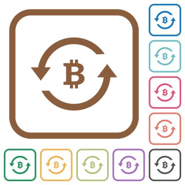 Kare kare beyaz arka plan üzerinde renkli basit simgeler yuvarlak Bitcoin geri ödeme