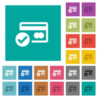 Kredi kartı çok düz simgeler düz kare arka plan üzerinde renkli doğrulanmadı. Beyaz ve koyu kutsal kişilerin resmi varyasyon hover veya etkin efektleri dahil.