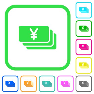 Yen banknotlar canlı renkli düz simgeler beyaz arka plan üzerinde eğri sınırları içinde