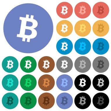 Bitcoin dijital cryptocurrency çok düz simgeler yuvarlak arka plan üzerinde renkli. Beyaz, açık ve koyu kutsal kişilerin resmi varyasyon vurgulu ve etkin durumu efektleri ve bonus tonları siyah backgounds tarih dahil.