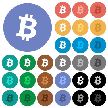 Bitcoin dijital cryptocurrency çok düz simgeler yuvarlak arka plan üzerinde renkli. Beyaz, açık ve koyu kutsal kişilerin resmi varyasyon vurgulu ve etkin durumu efektleri ve bonus tonları siyah backgounds tarih dahil.