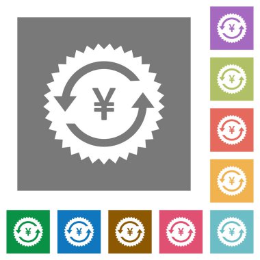 Yen geri garanti etiketi düz simgeler basit renkli kare arka planlar üzerinde ödeme.