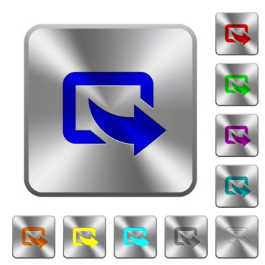 Alt sağ ok simgesiyle ihracat simgeler Yuvarlatılmış kare parlak çelik düğmeler üzerinde kazınmış.