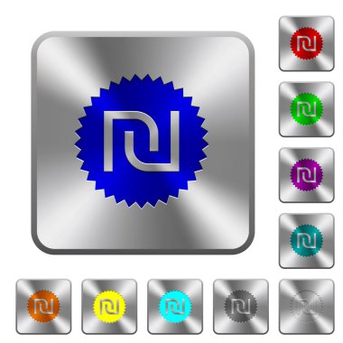 İsrail Yeni Şekeli etiket simgeler Yuvarlatılmış kare parlak çelik düğmeler üzerinde kazınmış.