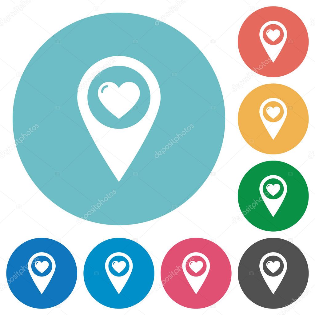 Favorite GPS map location flat white icons on round color backgrounds