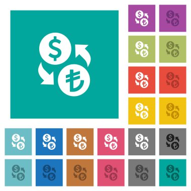 Doları Lirası para Satım çok düz simgeler düz kare arka plan üzerinde renkli. Beyaz ve koyu kutsal kişilerin resmi varyasyon hover veya etkin efektleri dahil.