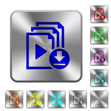 Çalma listesi download simgeleri Yuvarlatılmış kare parlak çelik düğmeler üzerinde oyulmuş
