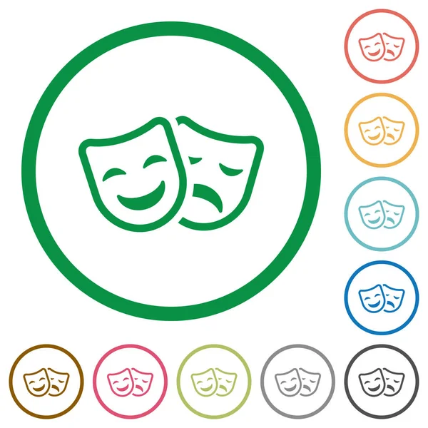 Beyaz arka plan üzerinde yuvarlak özetliyor trajedi ve komedi tiyatro maskeleri düz renk simgeleri