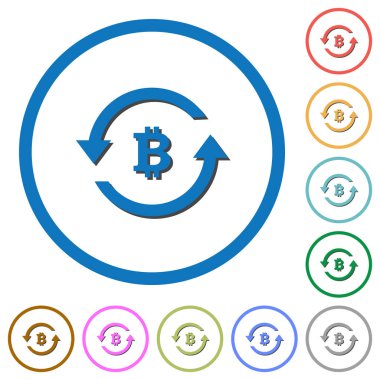 Bitcoin ödeme geri düz renk vektör simgeleri ile yuvarlak özetliyor gölgelerde beyaz arka plan üzerinde