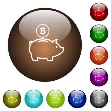 Yuvarlak Bitcoin kumbara beyaz simgeler üzerinde renk cam düğmeleri