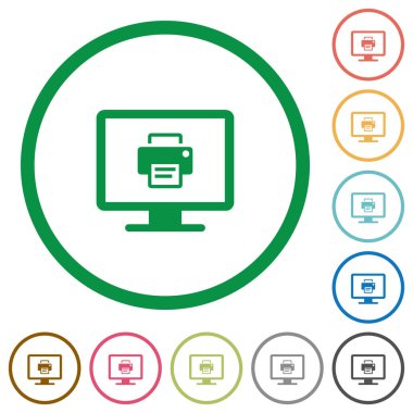 Beyaz arka plan üzerinde ekran düz renk simgeleri yuvarlak anahatlar olarak yazdırma