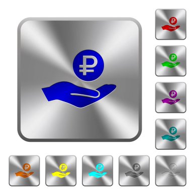 Rublesi kazancı simgeler Yuvarlatılmış kare parlak çelik düğmeler üzerinde kazınmış.