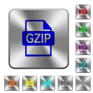 Gzip dosya biçimi yuvarlak kare parlak çelik düğmeler üzerinde oyulmuş simgeler