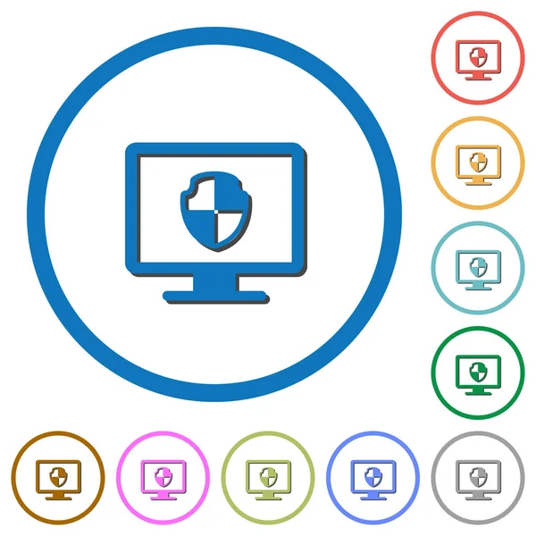 Bilgisayar güvenlik düz renk vektör simgeler gölgelerde ile özetliyor beyaz arka plan üzerinde yuvarlak