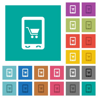 Mobil alışveriş çok düz simgeler düz kare arka plan üzerinde renkli. Beyaz ve koyu kutsal kişilerin resmi varyasyon hover veya etkin efektleri dahil.