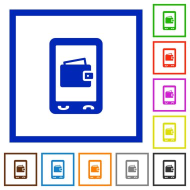 Kare kare beyaz arka plan üzerinde mobil cüzdan düz renk simgeleri