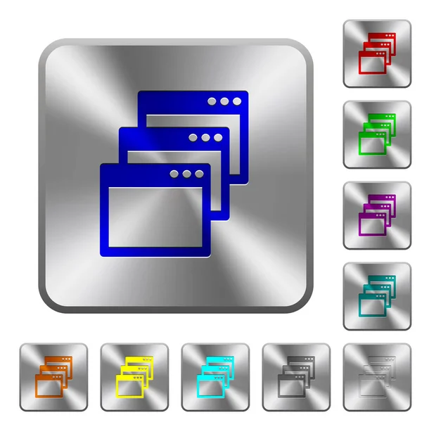 カスケード ウィンドウ表示モードは 丸みを帯びた四角光沢のあるスチール ボタンにアイコンを刻まれています — ストックベクタ