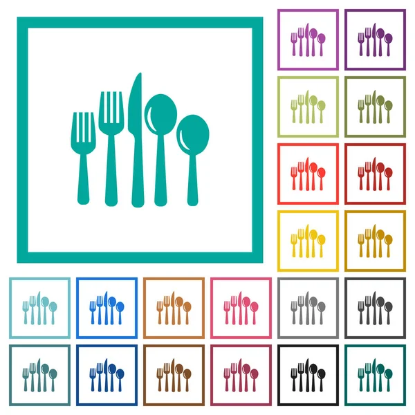 Cutlery Flat Color Icons Quadrant Frames White Background — Stock Vector