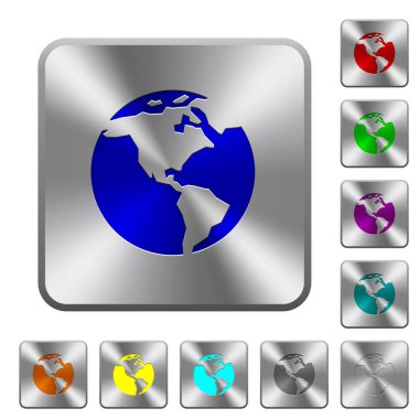 Earth simgeler Yuvarlatılmış kare parlak çelik düğmeler üzerinde kazınmış.