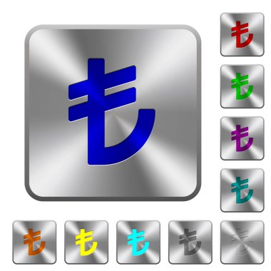 Türk Lirası işareti simgeleri Yuvarlatılmış kare parlak çelik düğmeler üzerinde kazınmış.