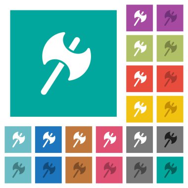 İki başlı savaş baltası çok düz simgeler düz kare arka plan üzerinde renkli. Beyaz ve koyu kutsal kişilerin resmi varyasyon hover veya etkin efektleri dahil.