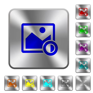 Görüntü kontrastı ayarlamak simgeleri Yuvarlatılmış kare parlak çelik düğmeler üzerinde oyulmuş