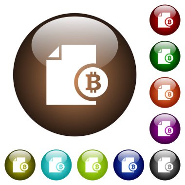 Yuvarlak Bitcoin mali rapor beyaz simgeler üzerinde renk cam düğmeleri