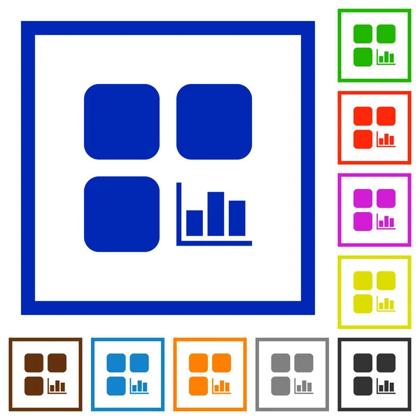 Component Statistieken Vlakke Gekleurde Pictogrammen Vierkante Frames Witte Achtergrond — Stockvector