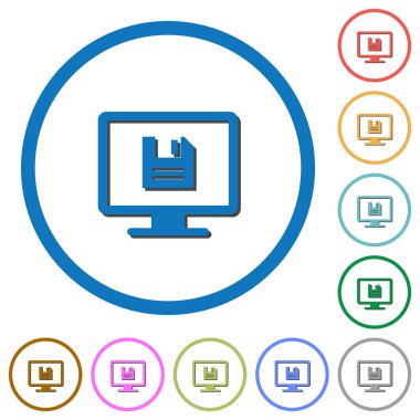 Görüntü ayarlarını kaydetmek düz renkli vektör simgeleri ile yuvarlak özetliyor gölgelerde beyaz arka plan üzerinde