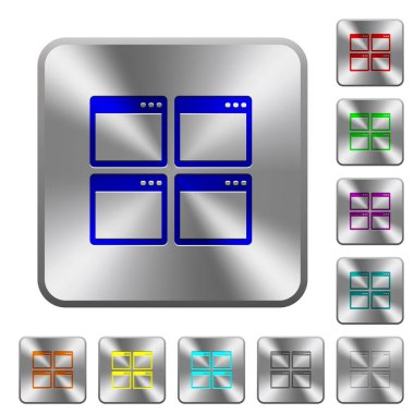 Mozaik pencere görünüm modu simgeleri Yuvarlatılmış kare parlak çelik düğmeler üzerinde kazınmış.