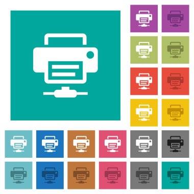 Ağ yazıcı Çoklu düz simgeler düz kare arka plan üzerinde renkli. Beyaz ve koyu kutsal kişilerin resmi varyasyon hover veya etkin efektleri dahil.