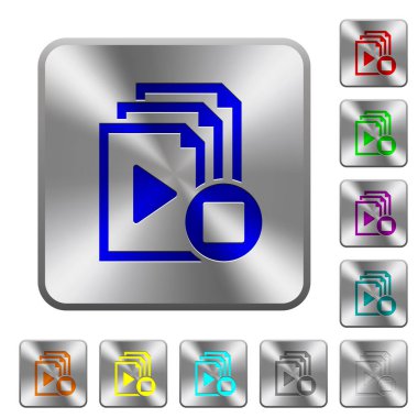 Dur çalma listesi simgeleri Yuvarlatılmış kare parlak çelik düğmeler üzerinde kazınmış.