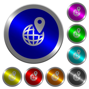 GPS konum küre simgesi simgeleri ile yuvarlak çelik parlak sikke benzeri renk düğmeleri